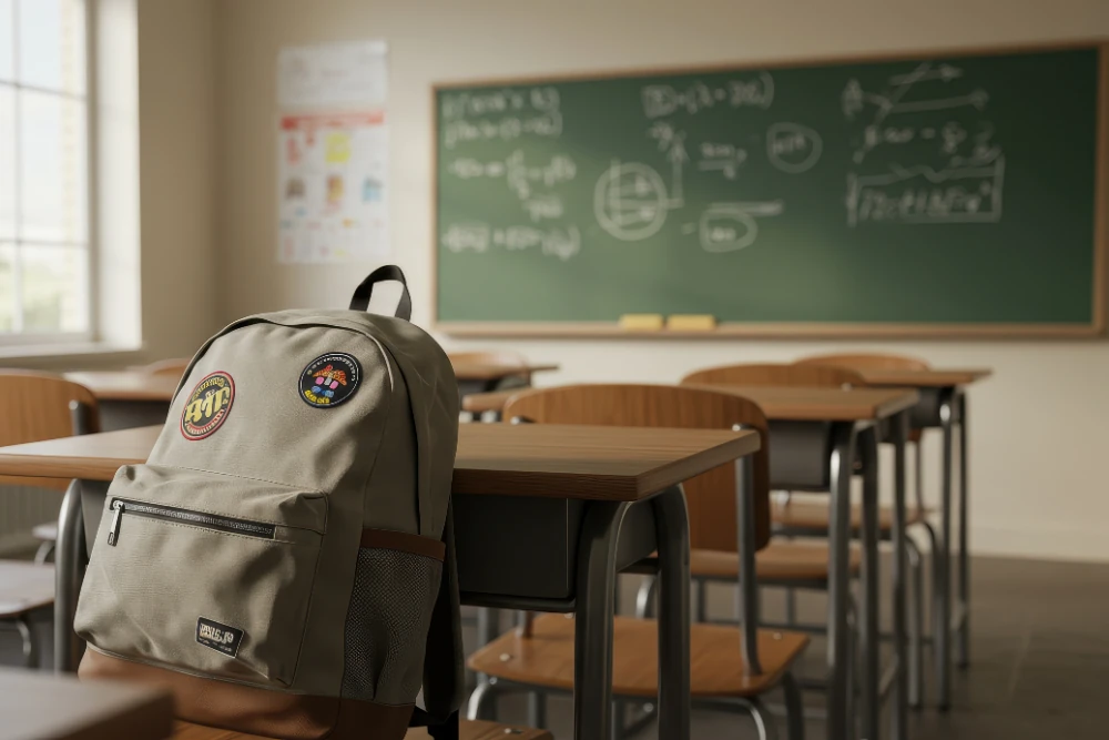Empty classroom with desks and a backpack on a chair, representing educators and school staff work environment